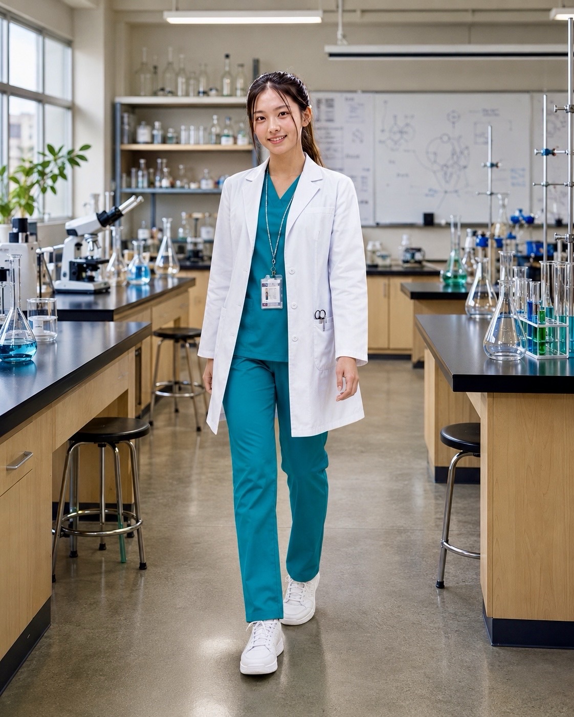 Person in a white coat over teal scrubs standing in a laboratory with scientific equipment.