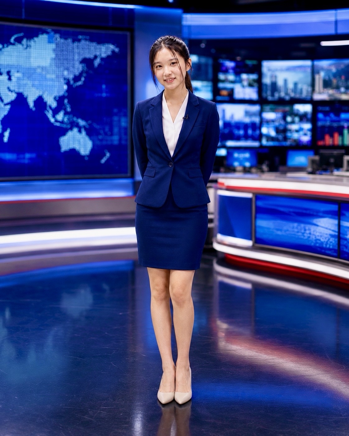 Person in a blue suit standing in a television news studio with screens and broadcast equipment.