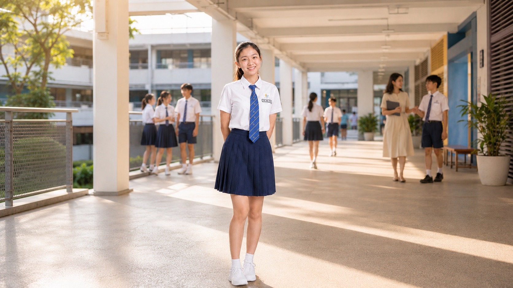 Student in a white shirt, blue tie and navy skirt standing in a bright covered corridor.