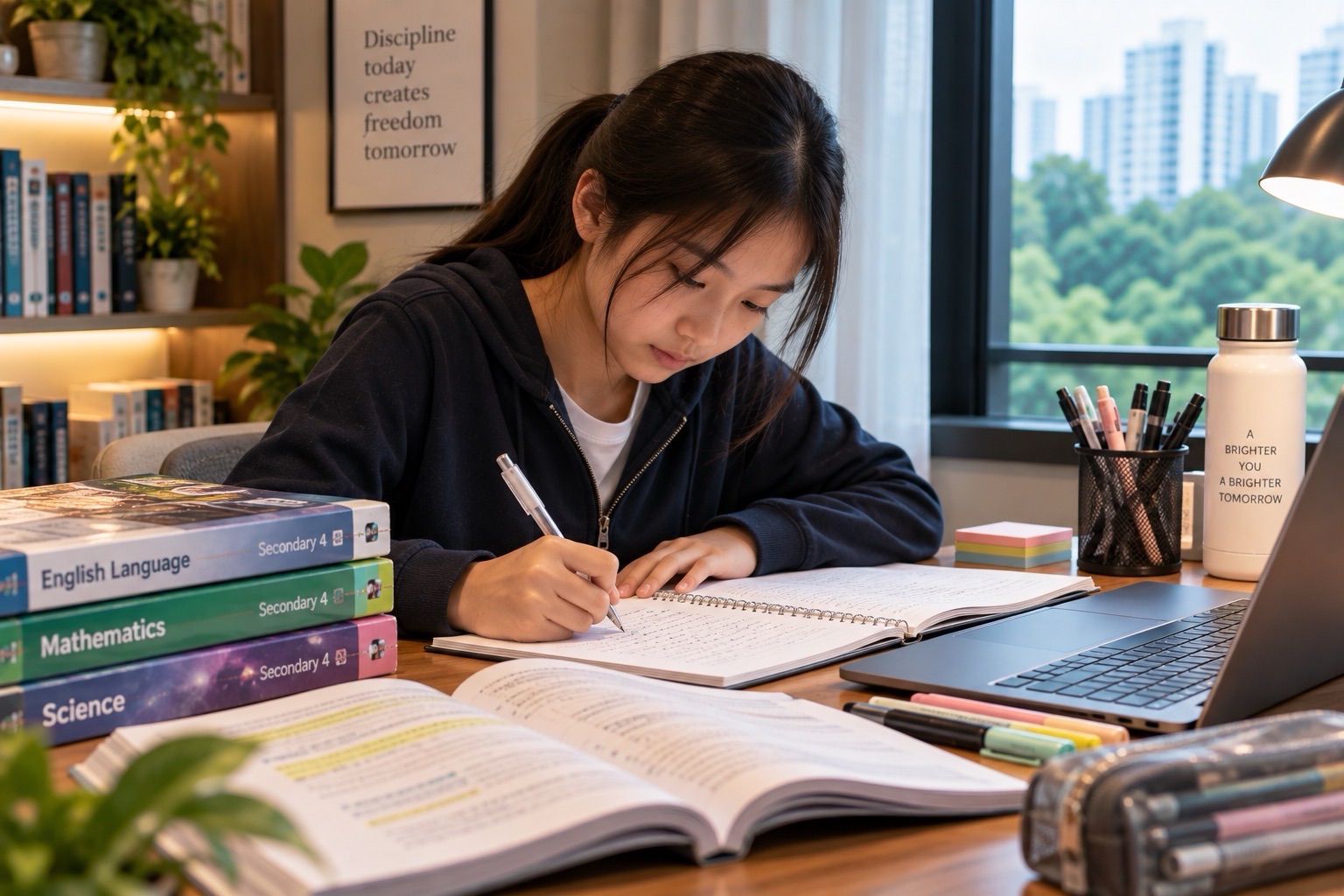 A student works through handwritten notes at a desk with open books, stacked textbooks and a laptop.