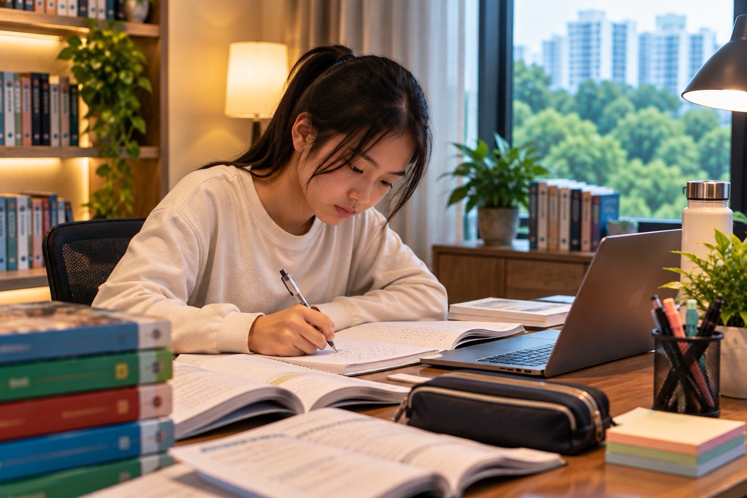 A student writes in a notebook beside a laptop, surrounded by open books in a bright home study space.