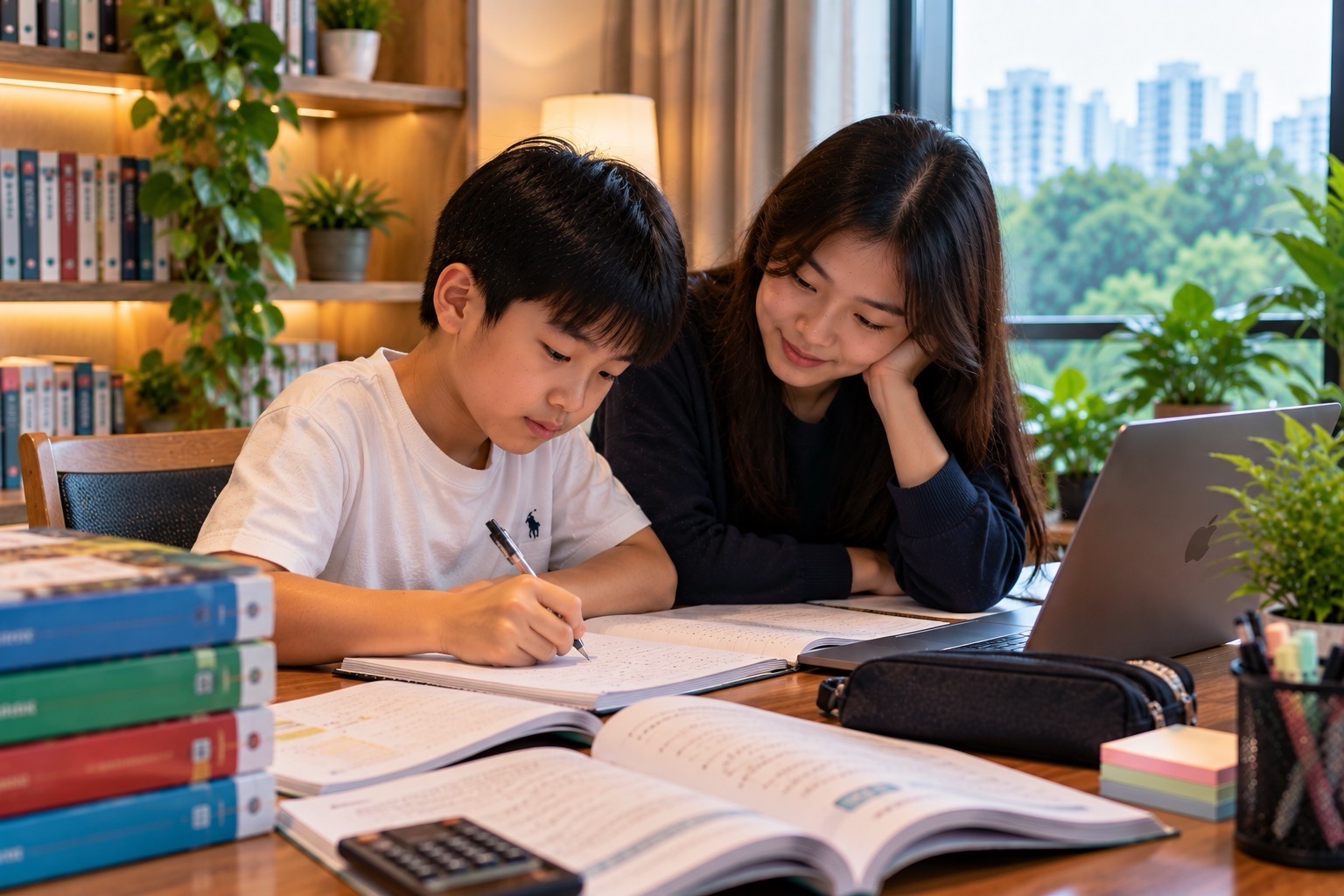 An adult sits beside a student as he writes in a notebook, with textbooks and a laptop arranged on the desk.