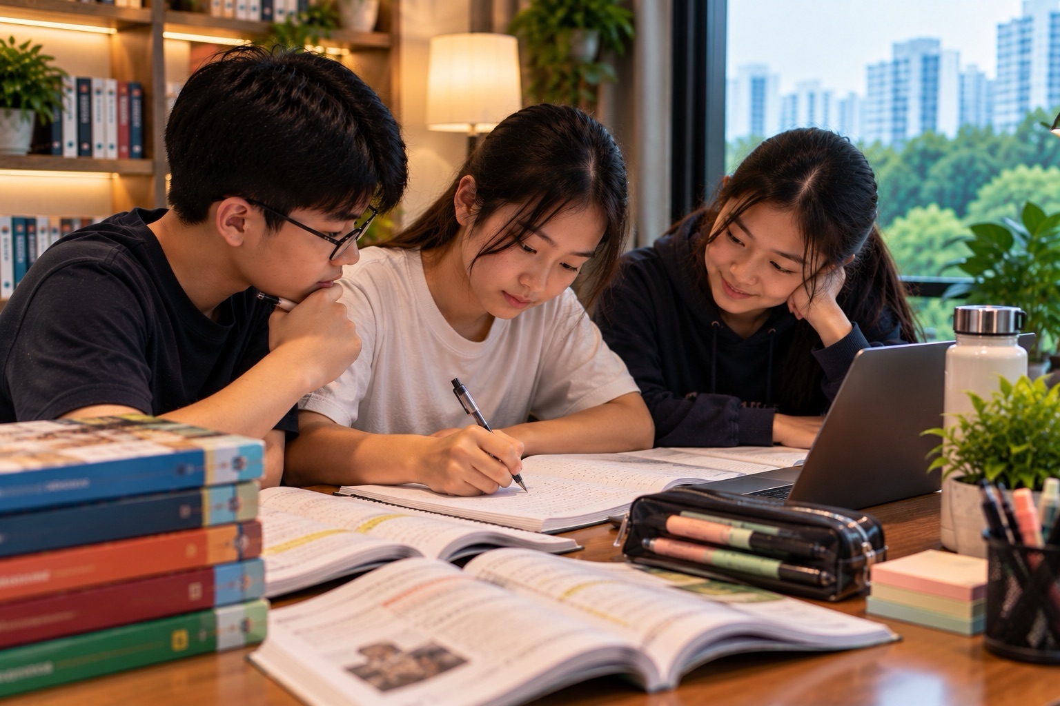 Three students gather around an open notebook at a home study desk, with textbooks and a laptop nearby.