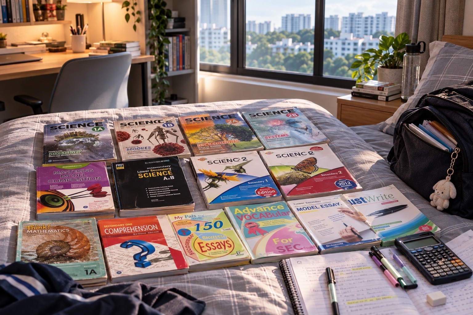 A selection of schoolbooks is laid out across a bed, with notebooks, stationery and a school bag nearby.