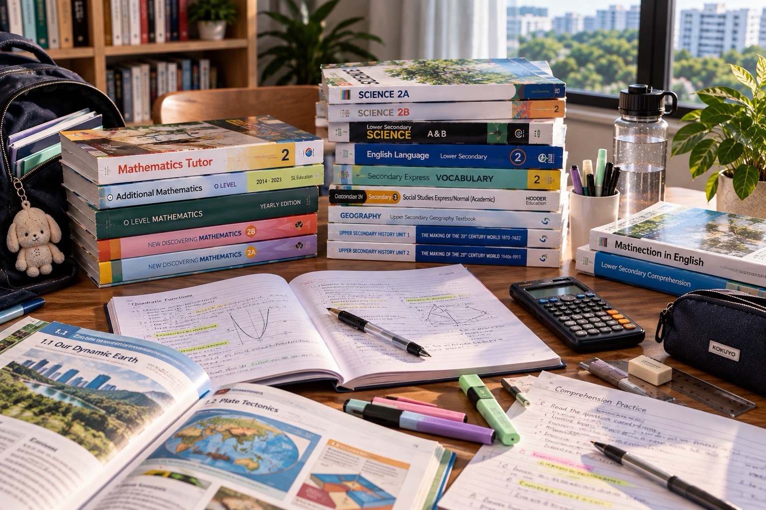 Stacks of schoolbooks stand behind open practice notes, a calculator and stationery on a bright desk by the window.