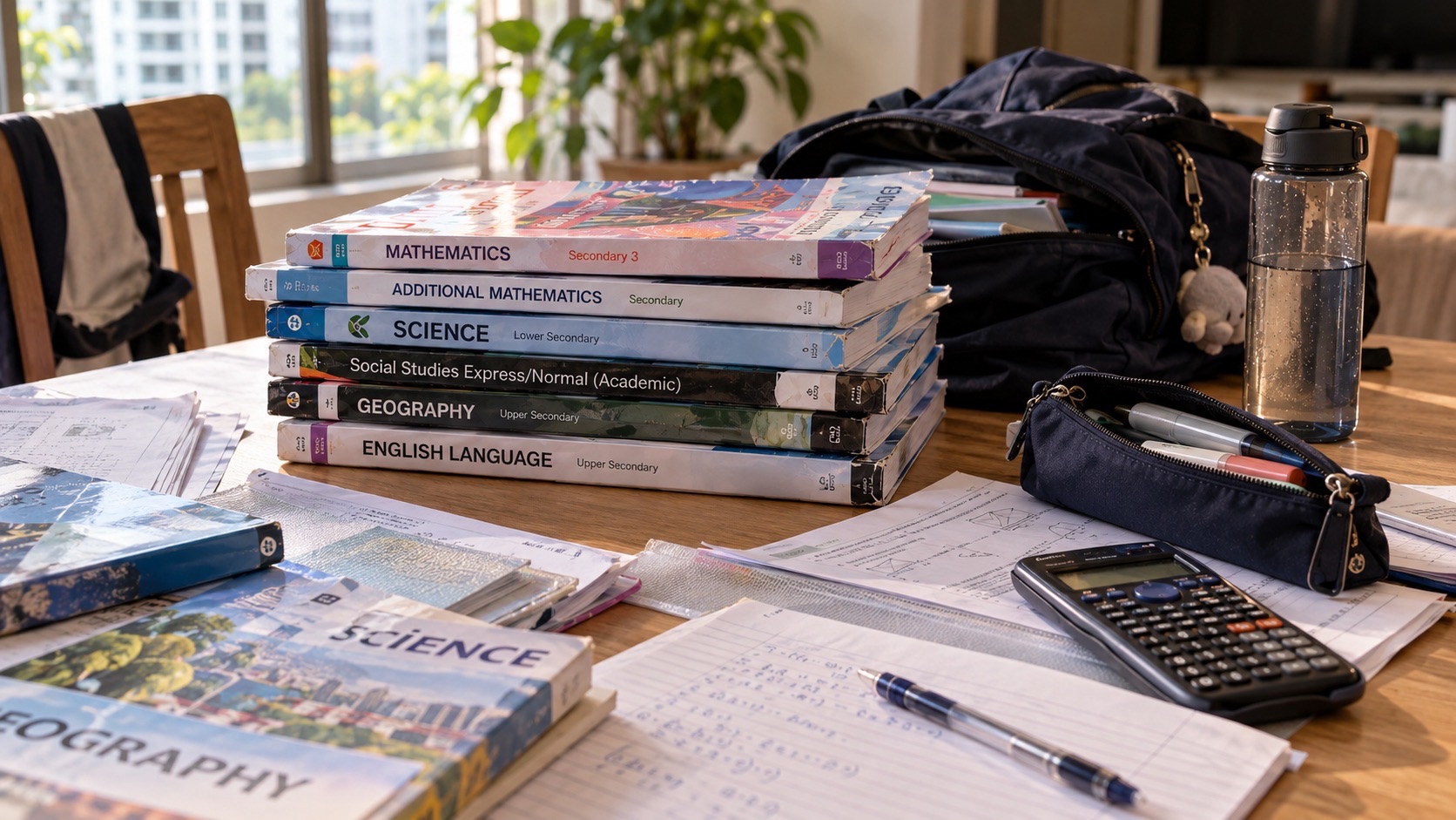 Stacked schoolbooks, loose notes, pens and a calculator occupy a study desk, with a school bag and water bottle nearby.