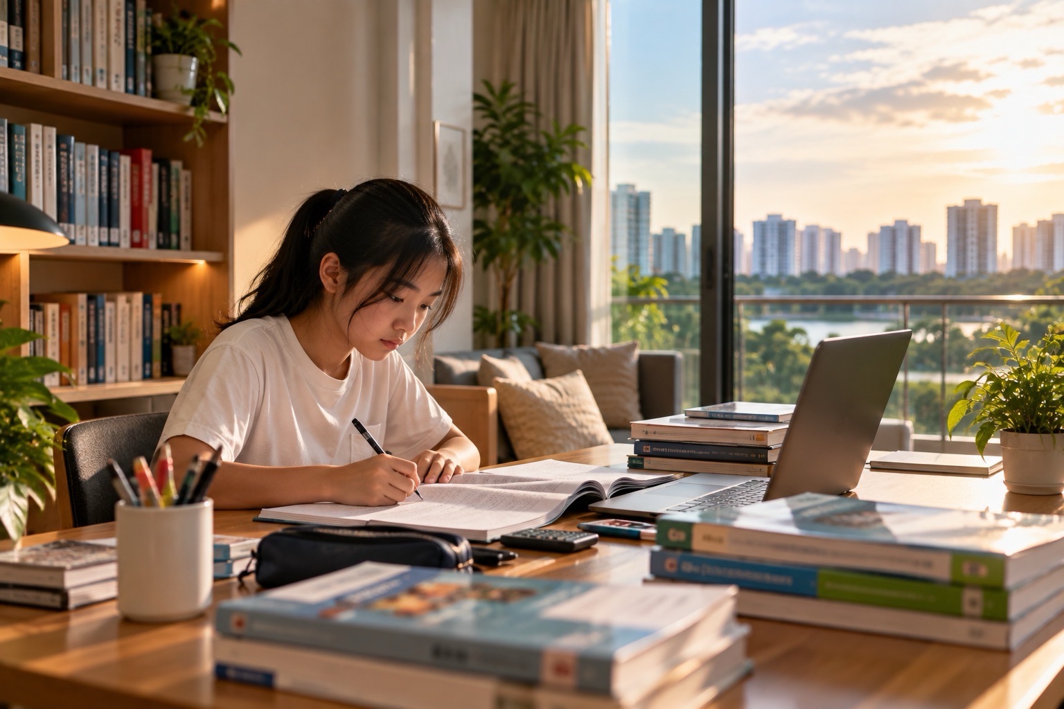 A student writes at a desk with books and a laptop in a quiet room with bookshelves and a broad city view.