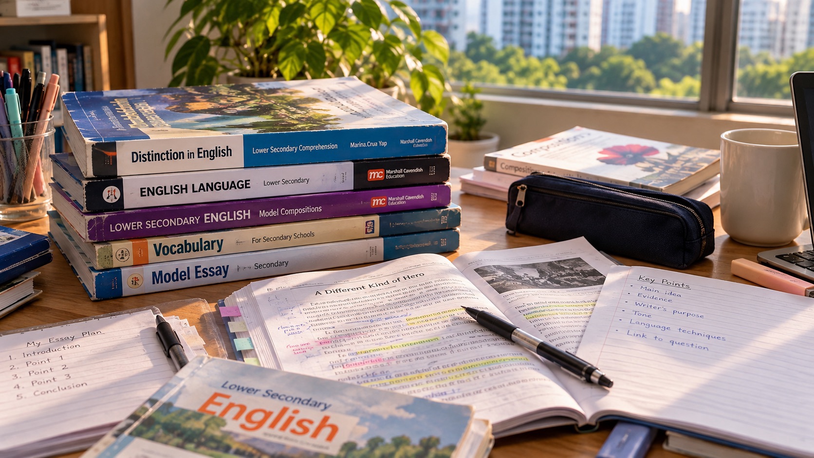 English language books, an open exercise book, notes and a pen are arranged on a study desk beside the window.
