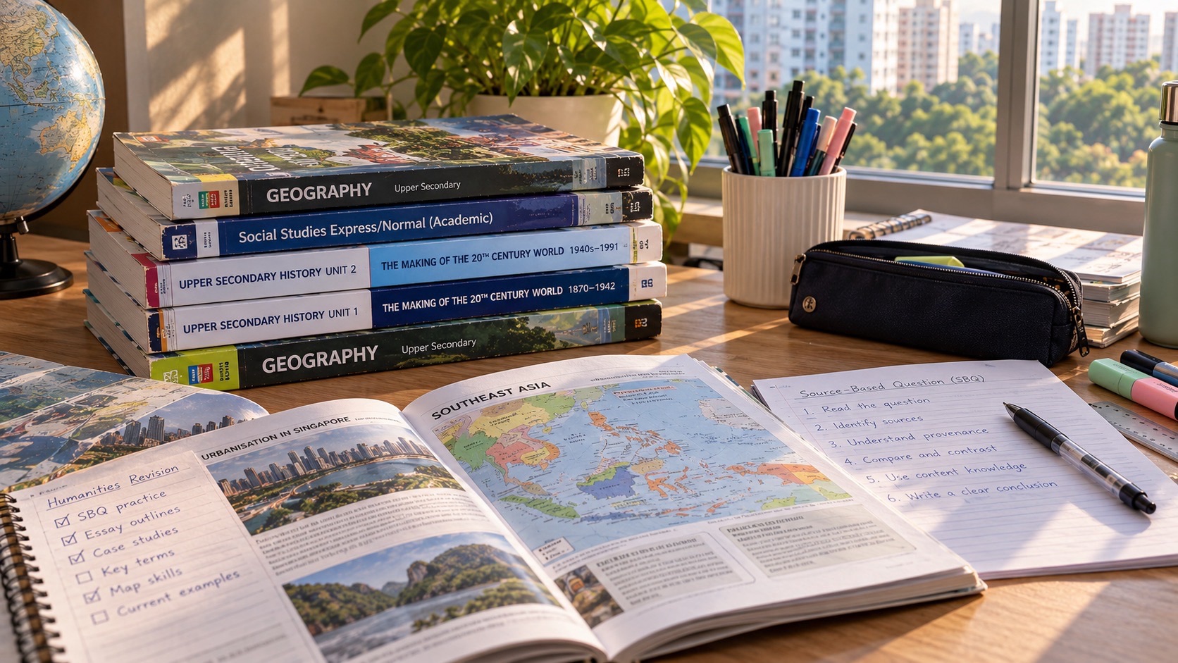 Geography books, an open map, a notebook and pens are arranged on a bright study desk, with a globe nearby.
