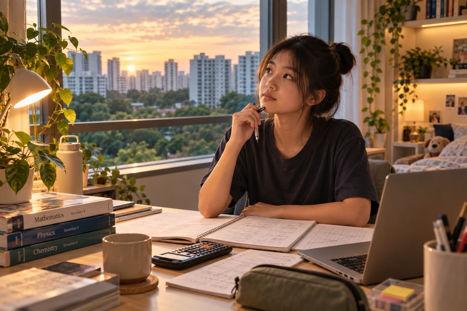 A student looks up from her open notes during an evening study session, with textbooks and a laptop nearby.