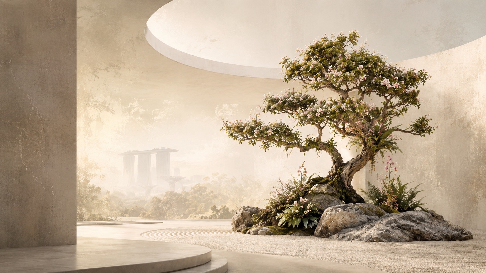 A small sculptural tree grows among rocks and low planting in a pale stone interior beneath a circular skylight.