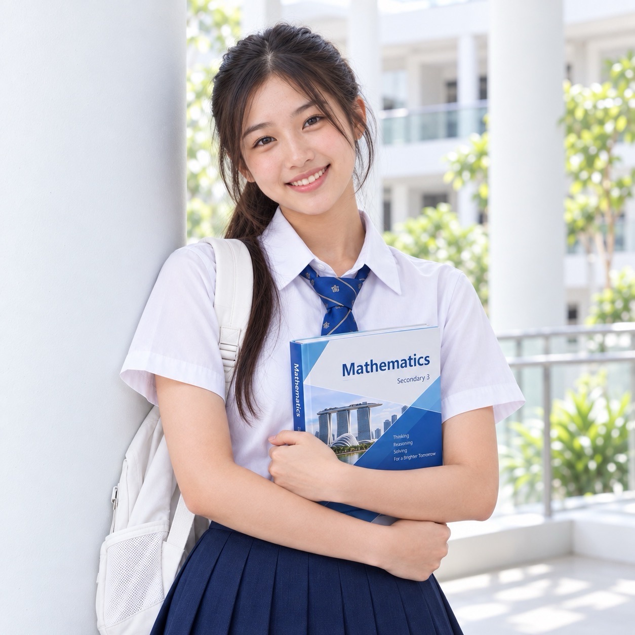 A smiling student holds a blue Mathematics textbook in a bright corridor, with a light-coloured backpack over one shoulder.