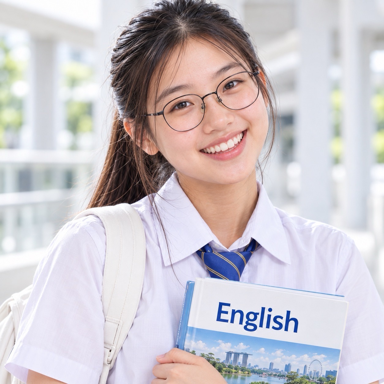 A smiling student wearing glasses and a blue tie holds an English textbook, with a light-coloured backpack over one shoulder.