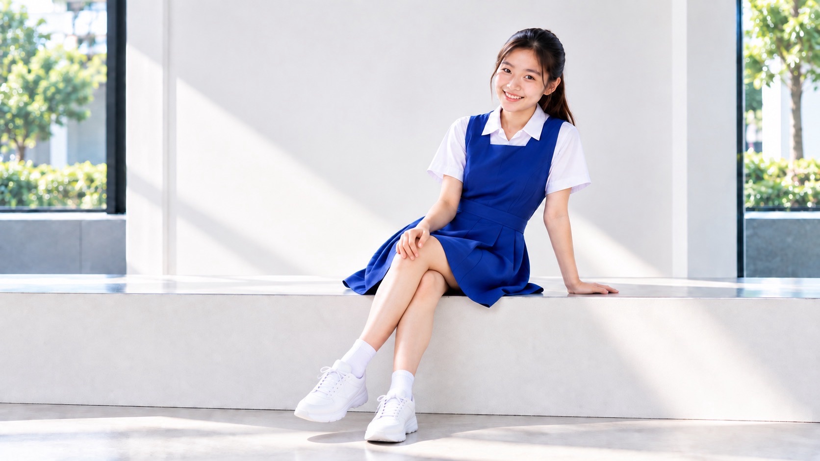 A student in a blue pinafore sits on a white corridor ledge, with sunlight and leaf shadows falling across the wall behind her.