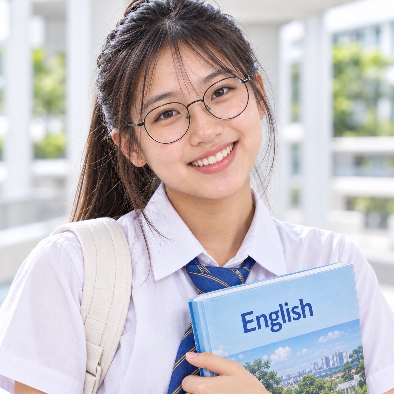 A smiling student wearing glasses and a blue tie holds an English textbook, with a light-coloured backpack over one shoulder.