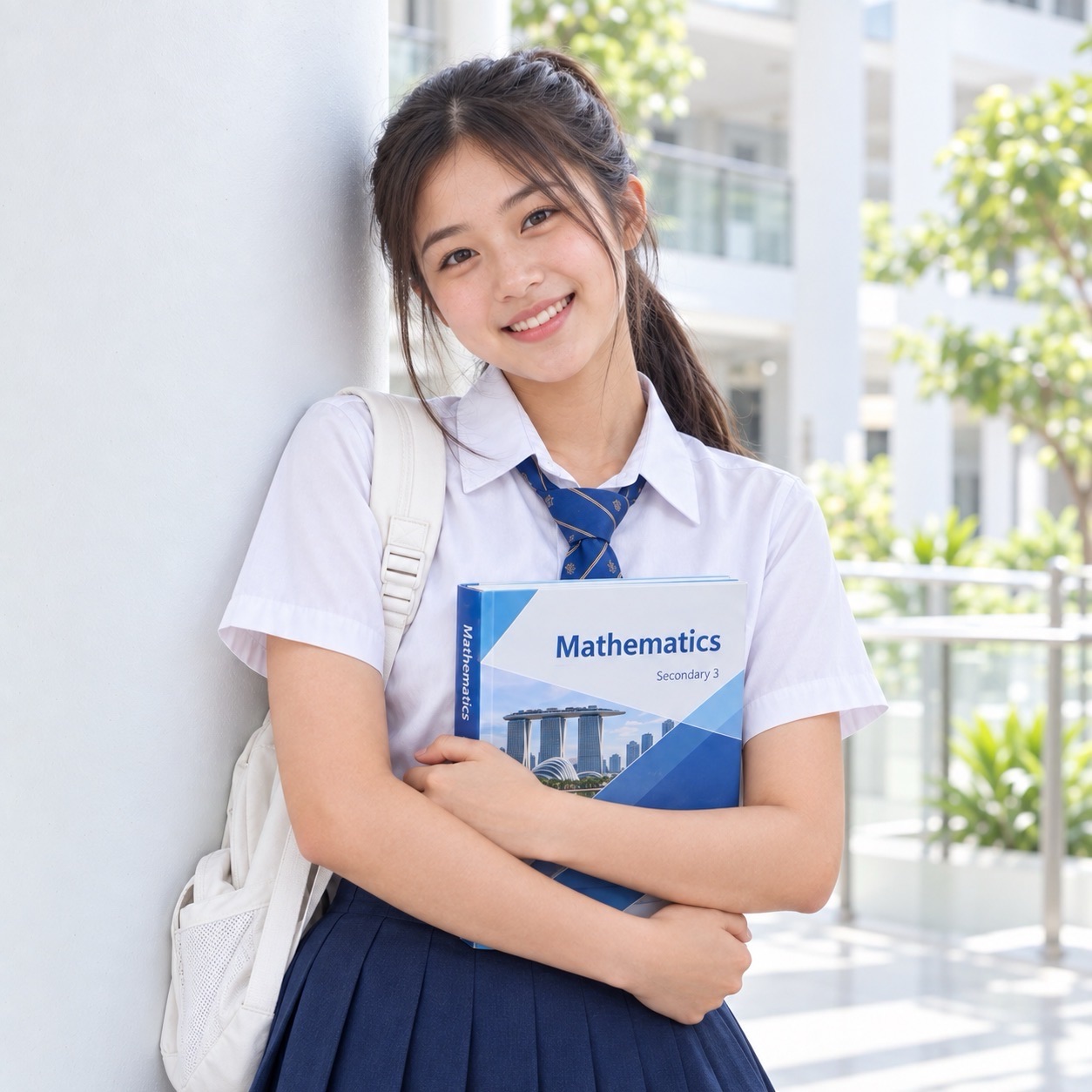 A smiling student holds a blue Mathematics textbook in a bright corridor, with a light-coloured backpack over one shoulder.