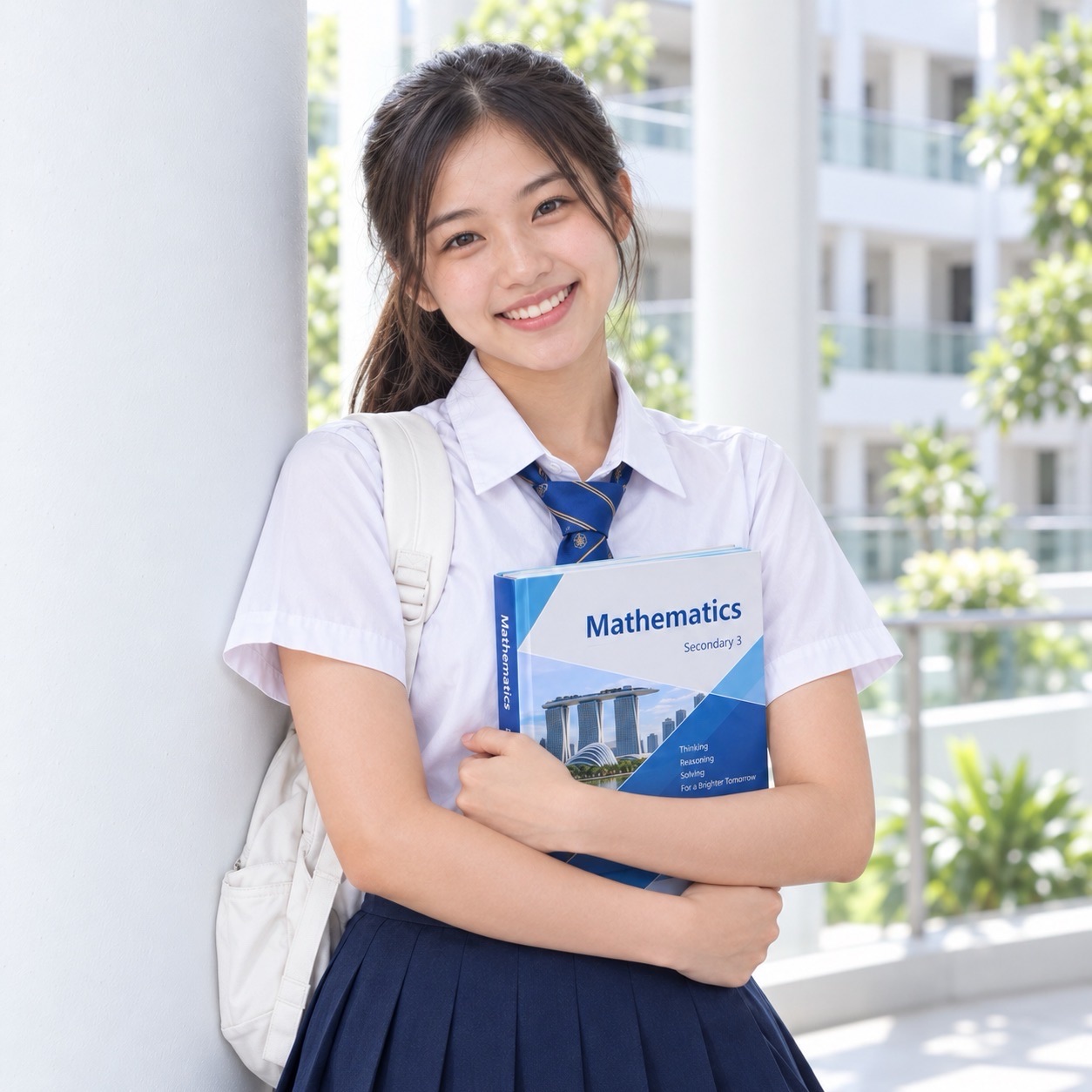 A smiling student holds a blue Mathematics textbook in a bright corridor, with a light-coloured backpack over one shoulder.