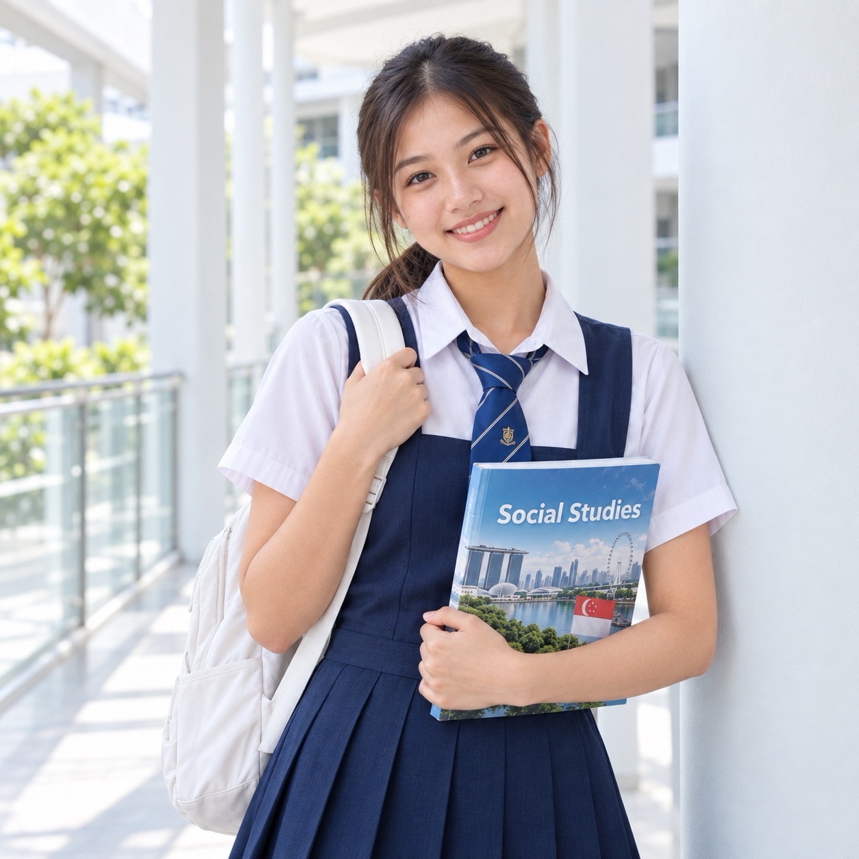 A smiling student holds a Social Studies textbook in a bright corridor lined with white columns and greenery.