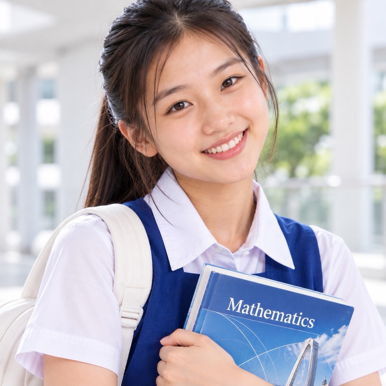 A smiling student holds a blue Mathematics textbook in a bright corridor, with a light-coloured backpack over one shoulder.