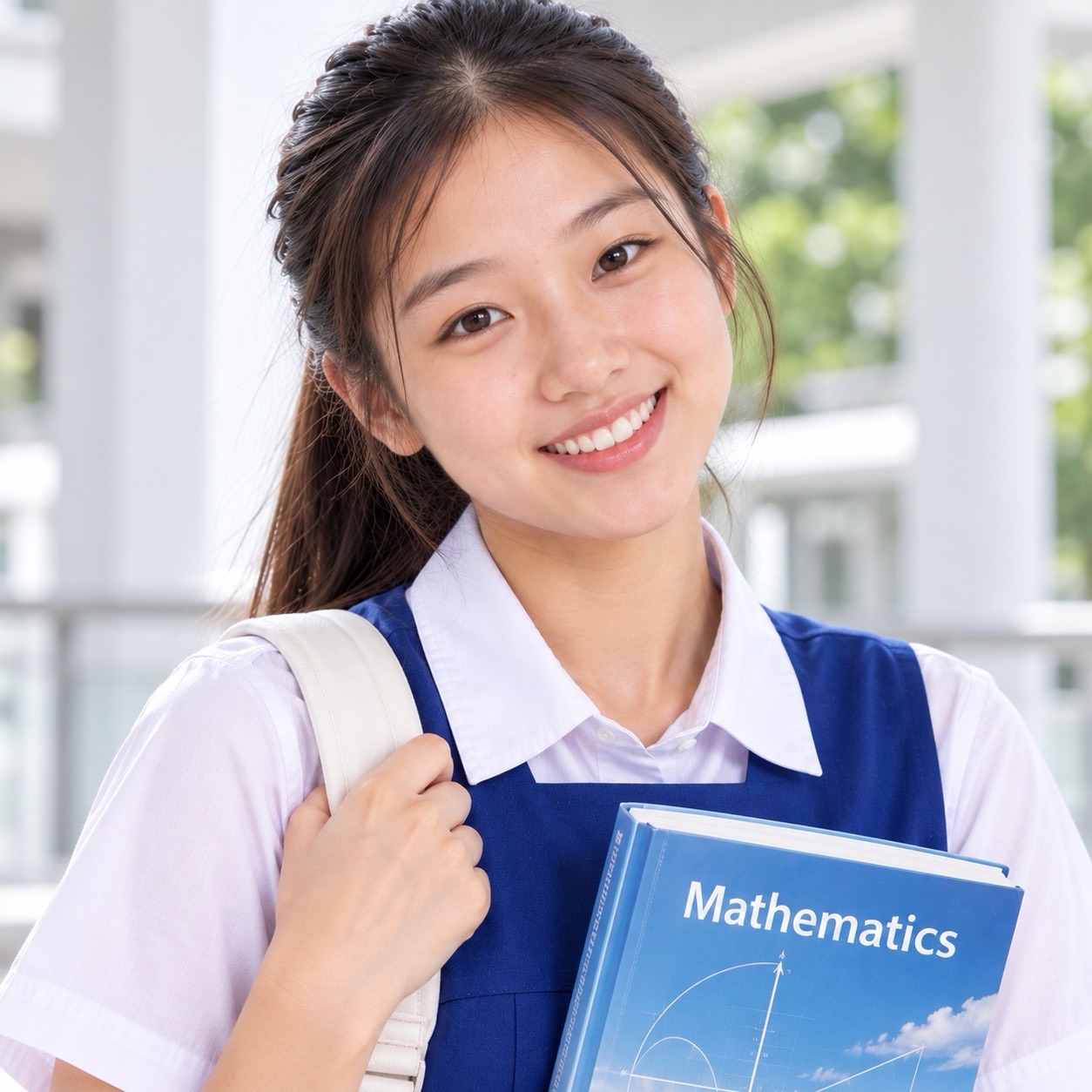 A smiling student holds a blue Mathematics textbook in a bright corridor, with a light-coloured backpack over one shoulder.