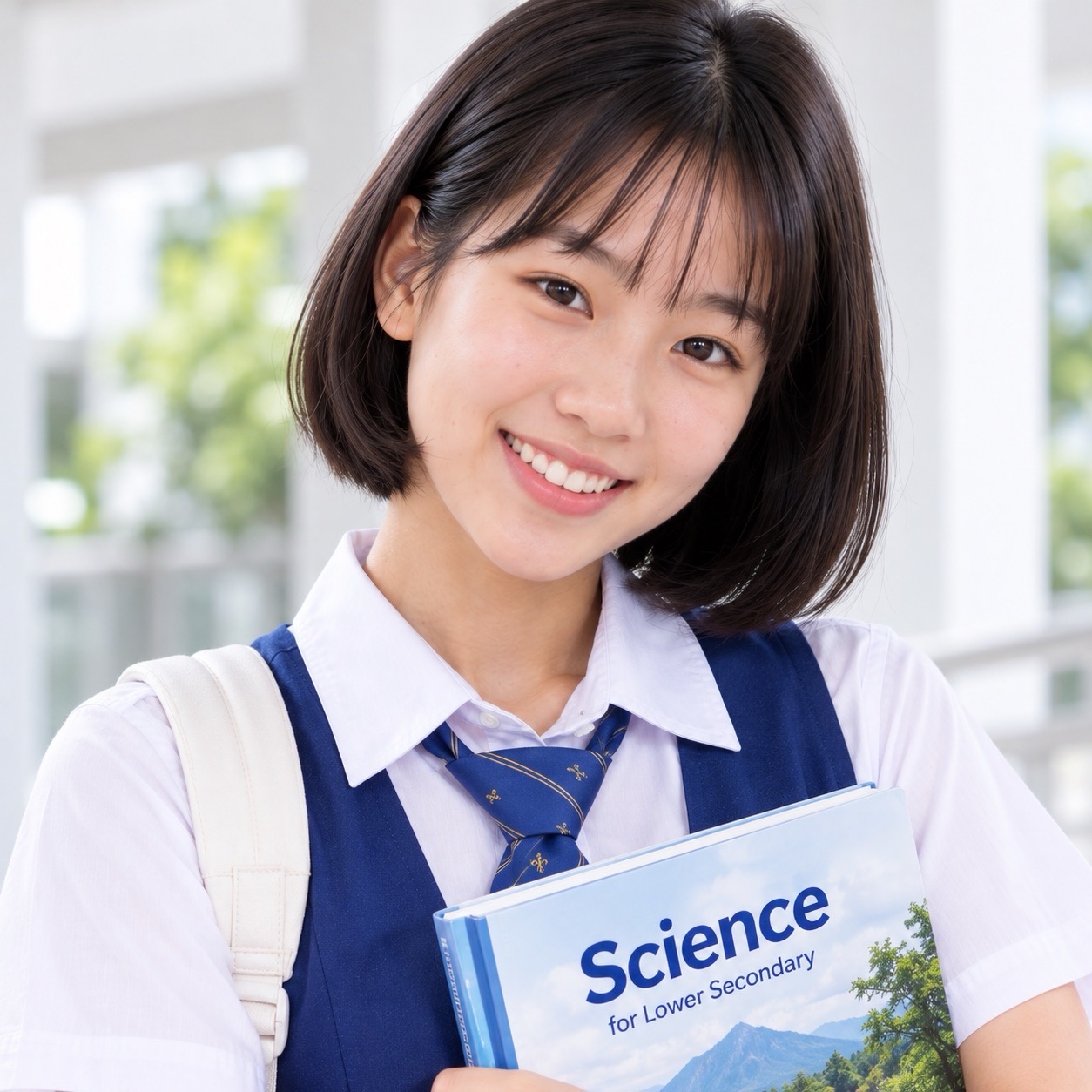 A smiling student with short dark hair holds a Science textbook against her blue-and-white uniform in a bright corridor.