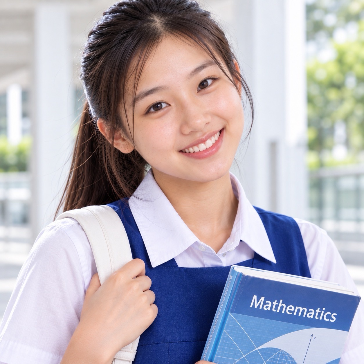 A smiling student holds a blue Mathematics textbook in a bright corridor, with a light-coloured backpack over one shoulder.