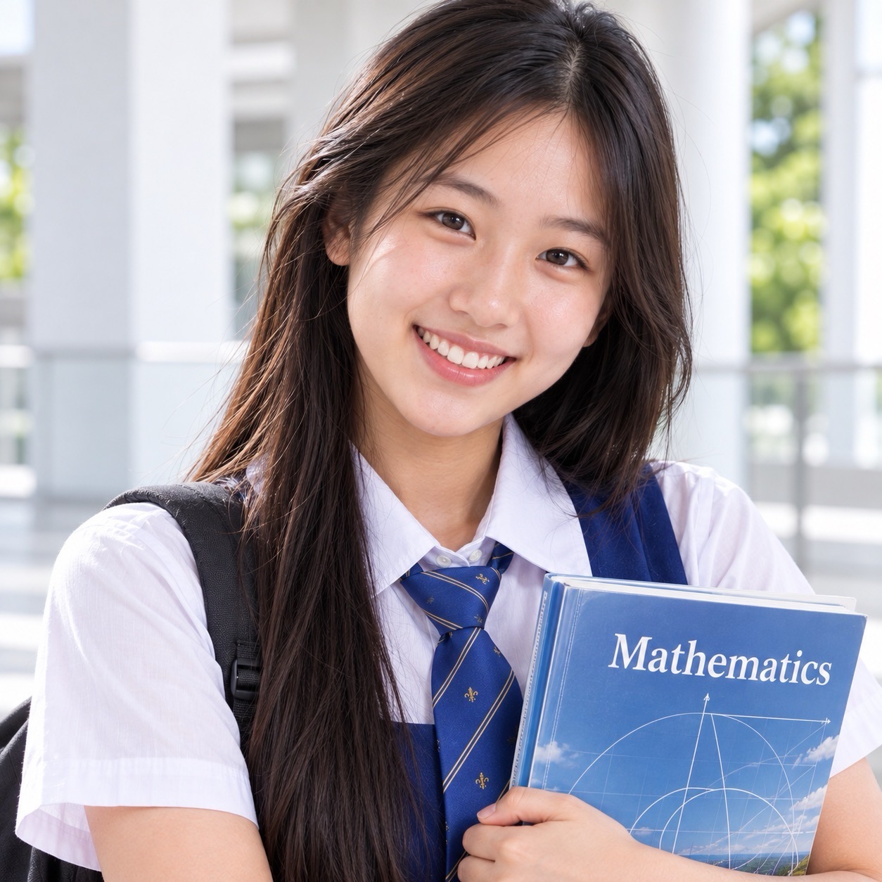 A smiling student holds a blue Mathematics textbook in a bright corridor with white columns.