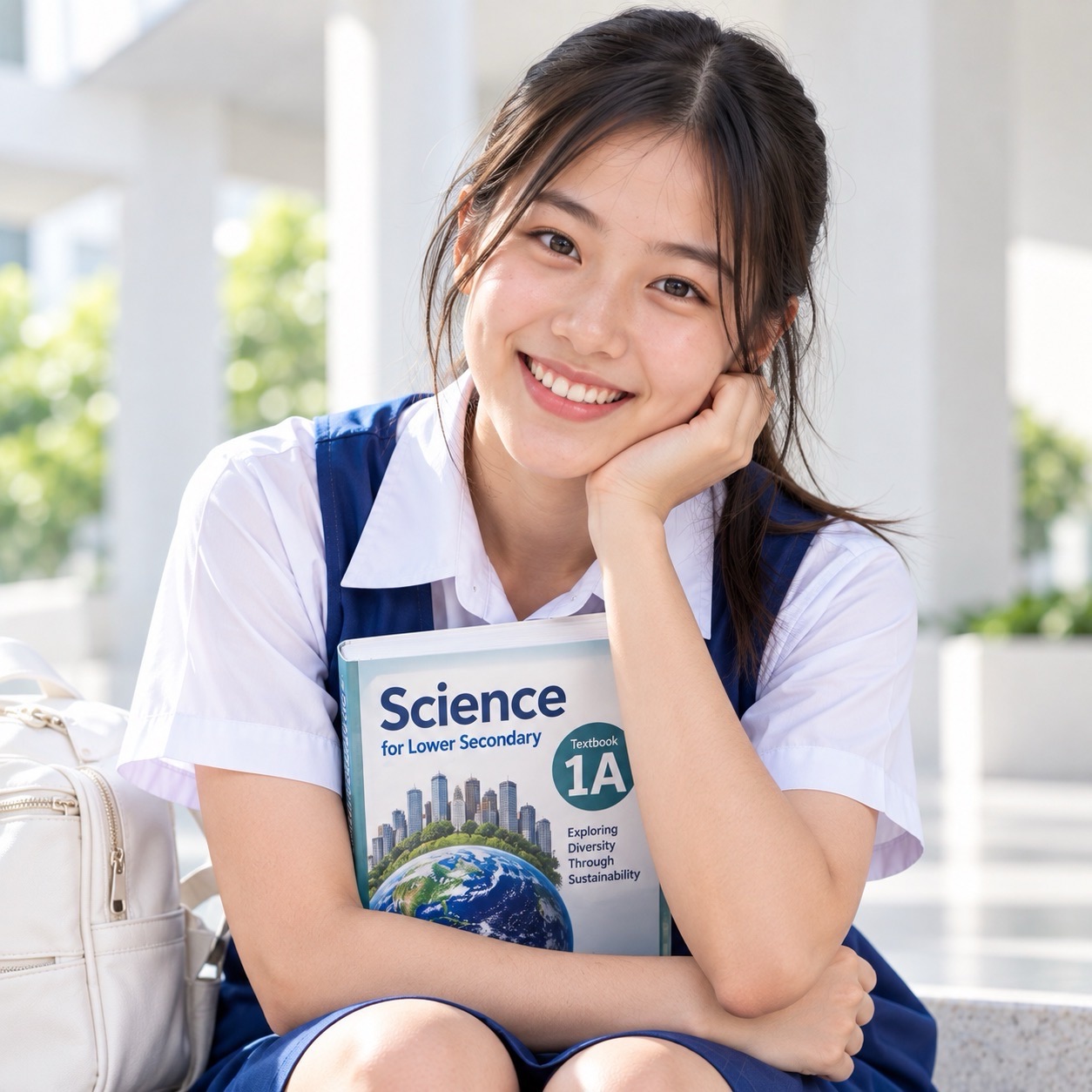 A student rests her chin on one hand while holding a Science textbook, with a bright corridor in the background.