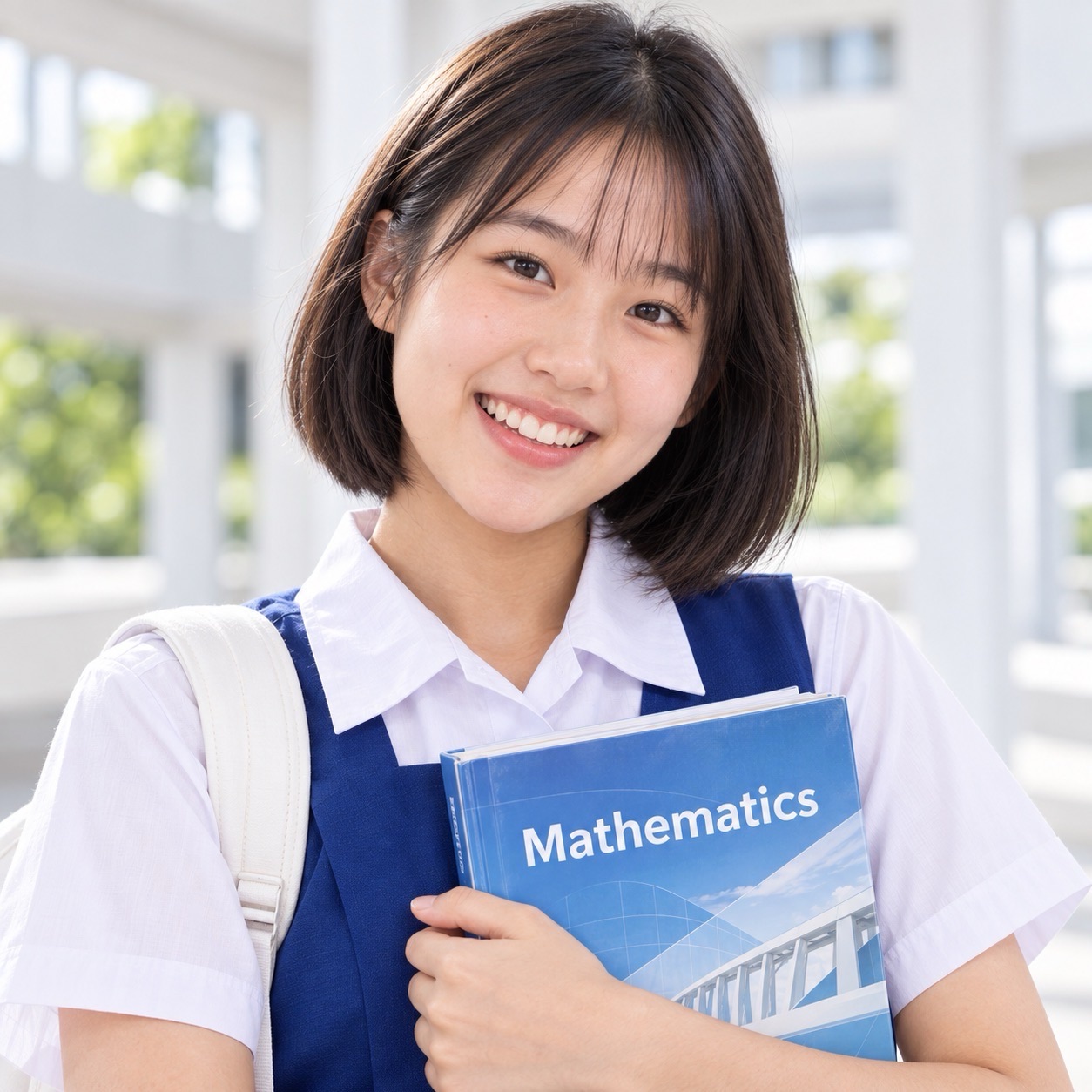 A smiling student with short dark hair holds a Mathematics textbook against her blue-and-white uniform in a bright corridor.