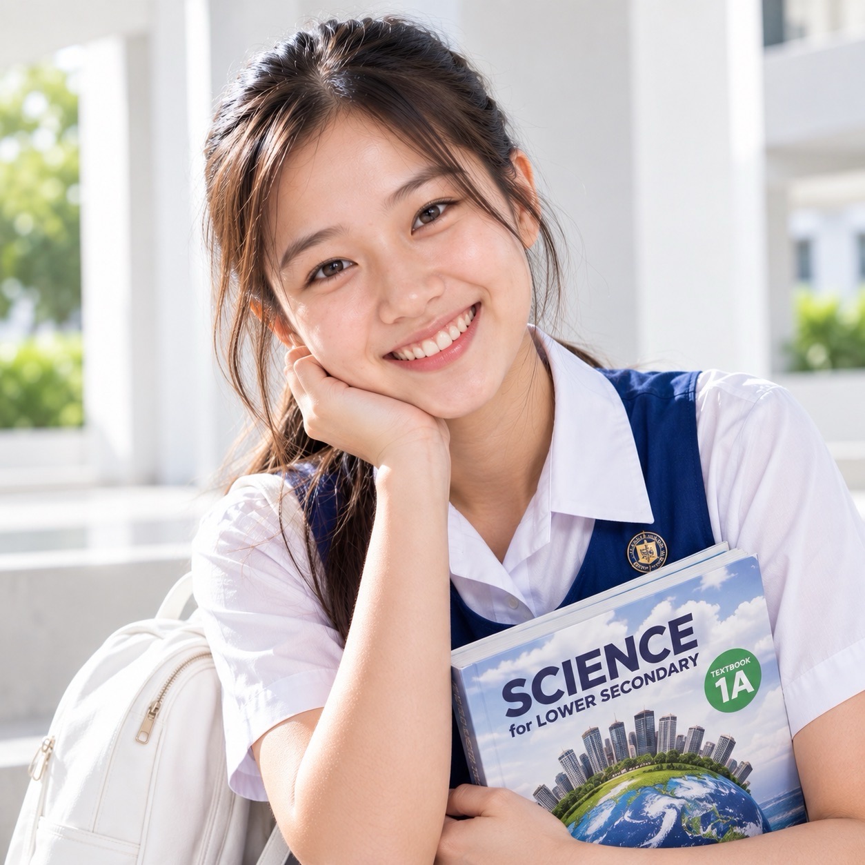 A student rests her chin on one hand while holding a Science textbook, with a bright corridor in the background.