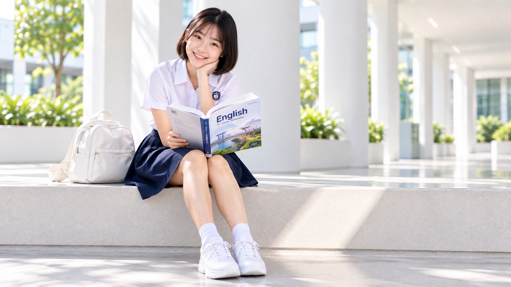 A short-haired student sits on a corridor ledge holding an open English textbook, with a white backpack beside her.