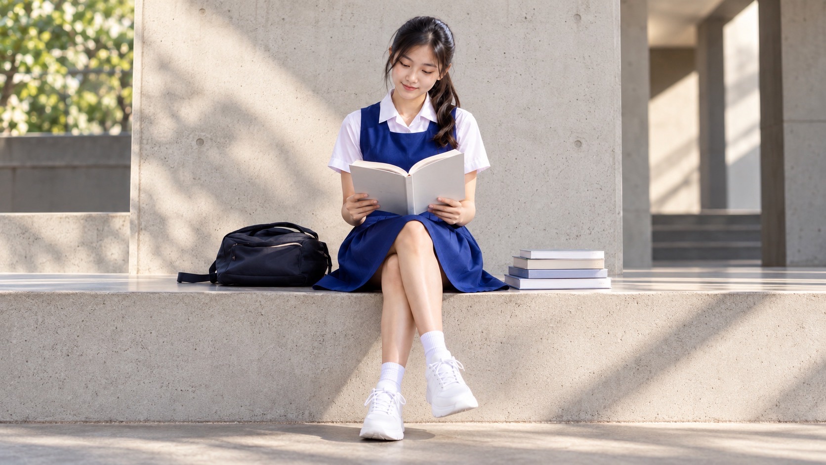 A student in a blue-and-white uniform sits with an open book on a sunlit stone bench, with a bag and a small stack of books beside her.