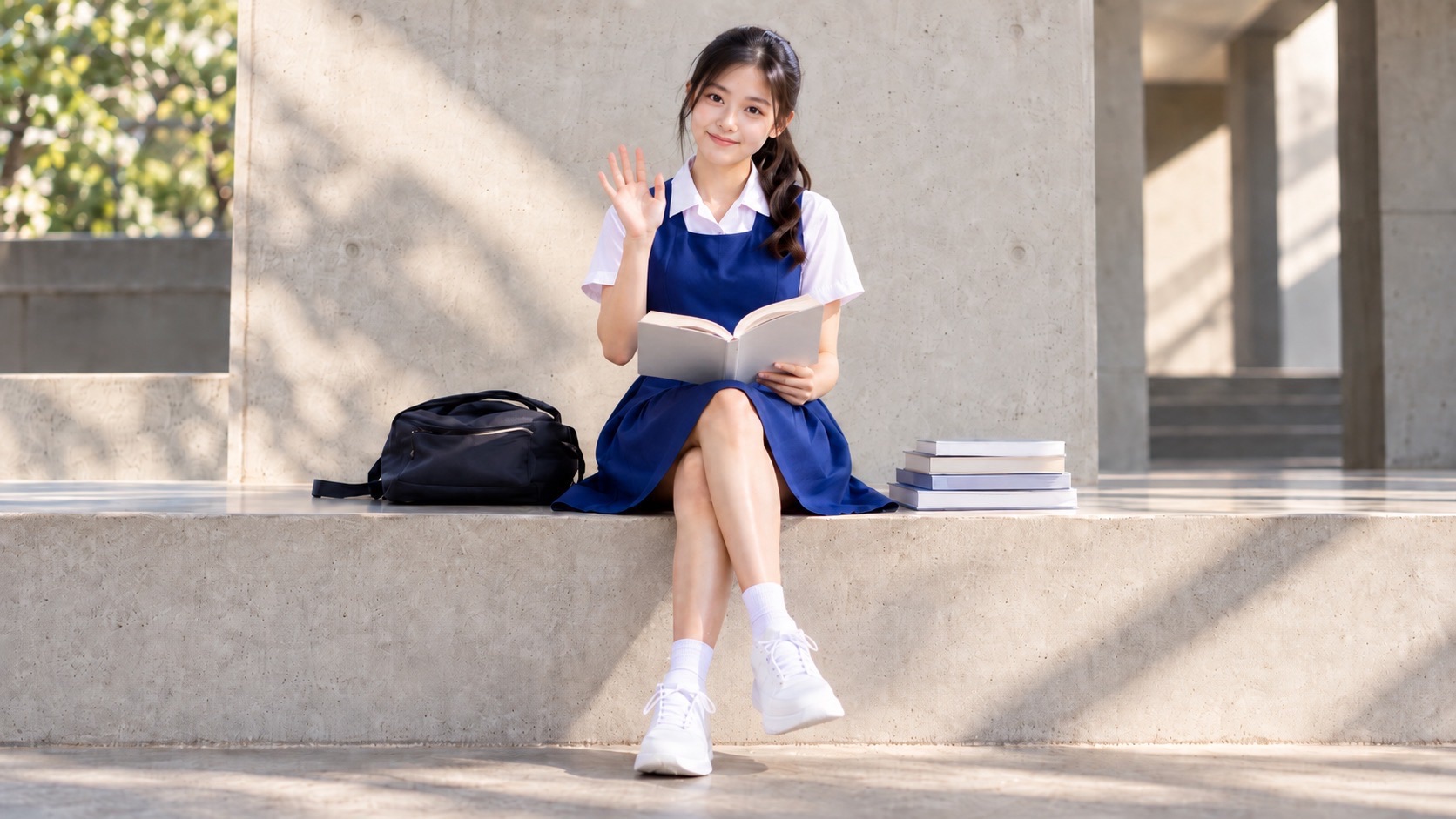 A student in a blue-and-white uniform sits with an open book on a sunlit stone bench, with a bag and a small stack of books beside her.