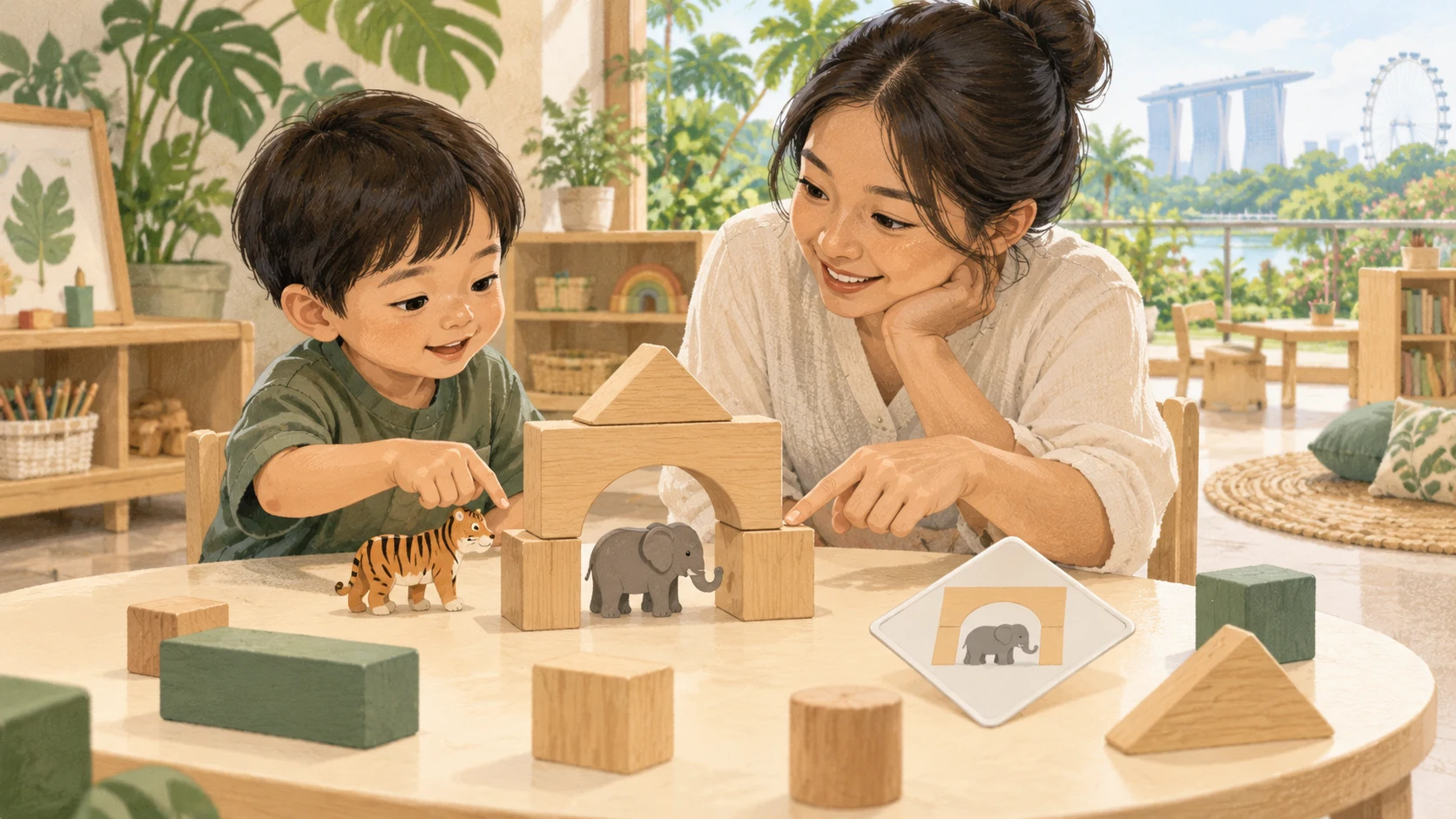 Illustration of a child and adult discussing toy animals beside and beneath a block arch.