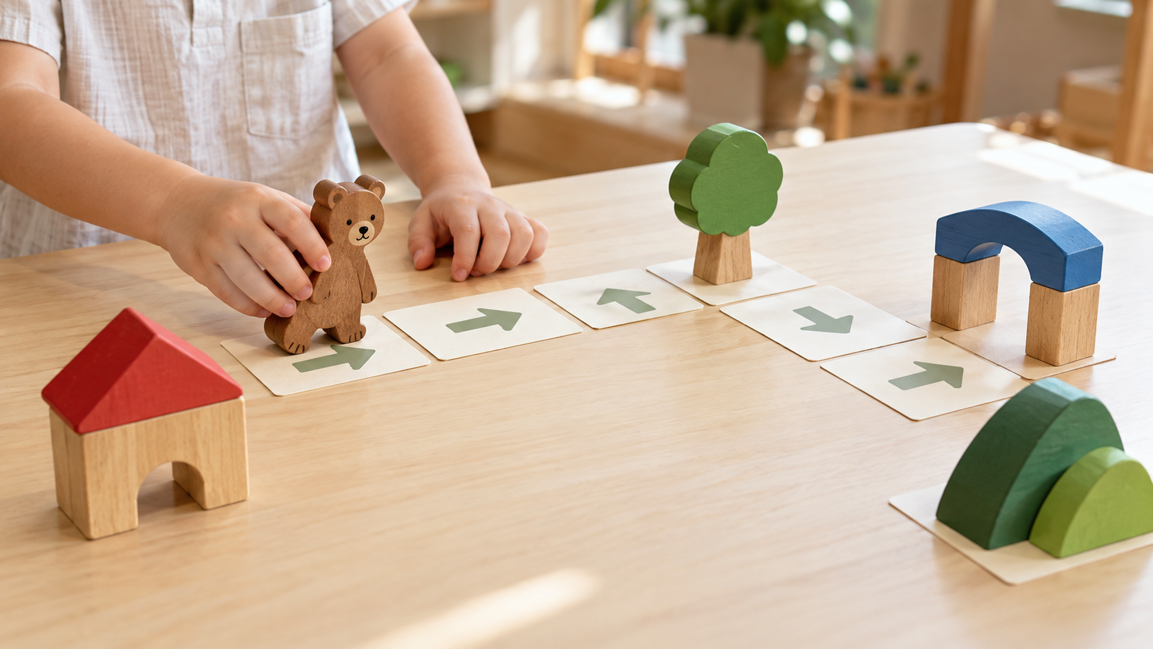 A child guides a wooden bear along arrow cards between colourful block landmarks on a preschool table.