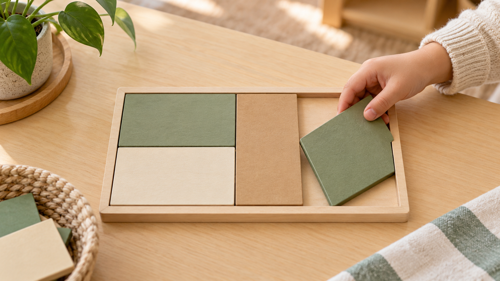 A child’s hand rotates a sage-green rectangular puzzle piece above a framed whole-part puzzle on a wooden table.