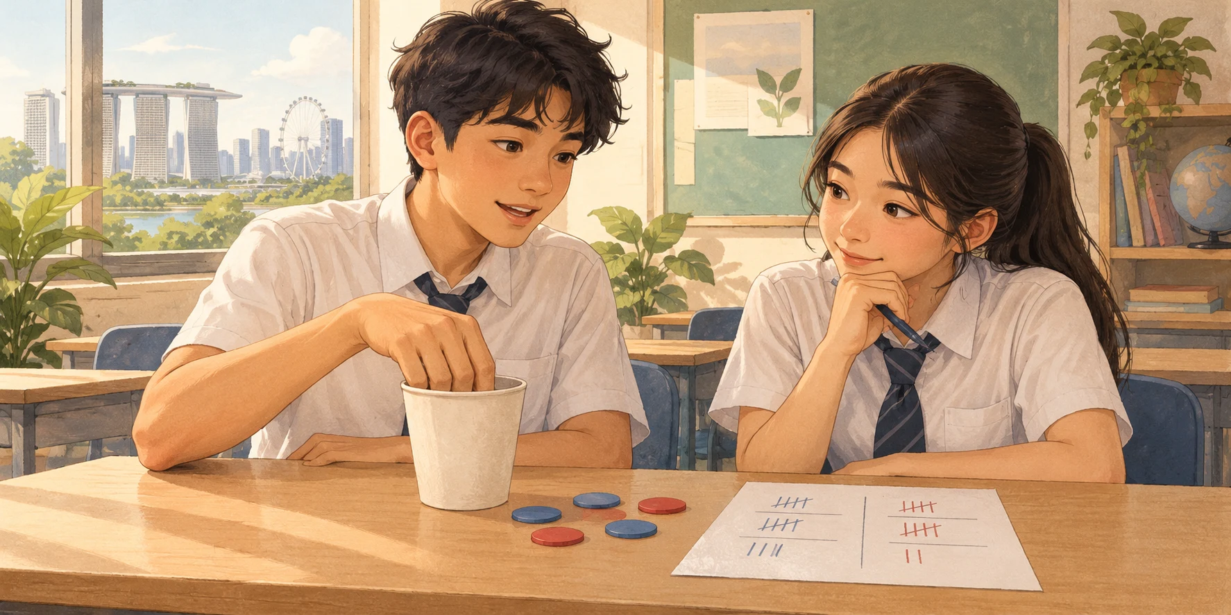 Illustration of two students drawing counters from a cup and recording a probability experiment.