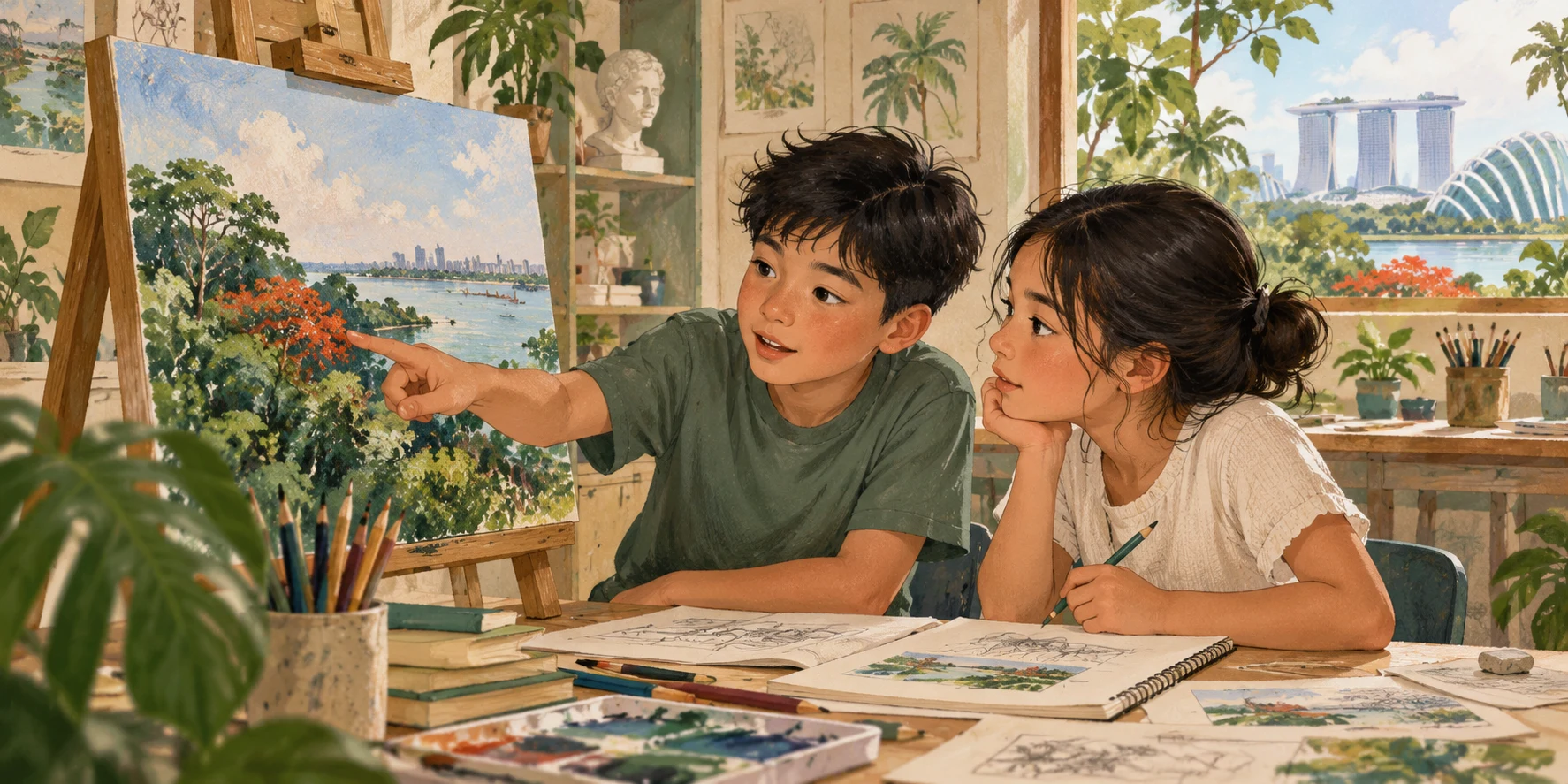 Illustration of two students discussing details in a landscape painting on an easel.