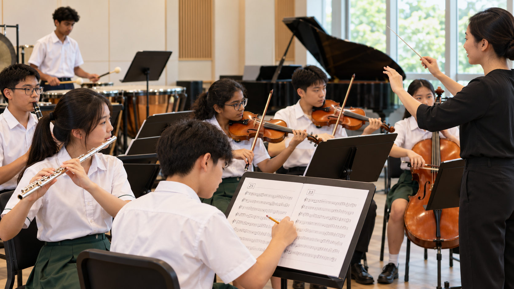Secondary-school musicians rehearse together while one student marks the score and listens across sections under a conductor's guidance.