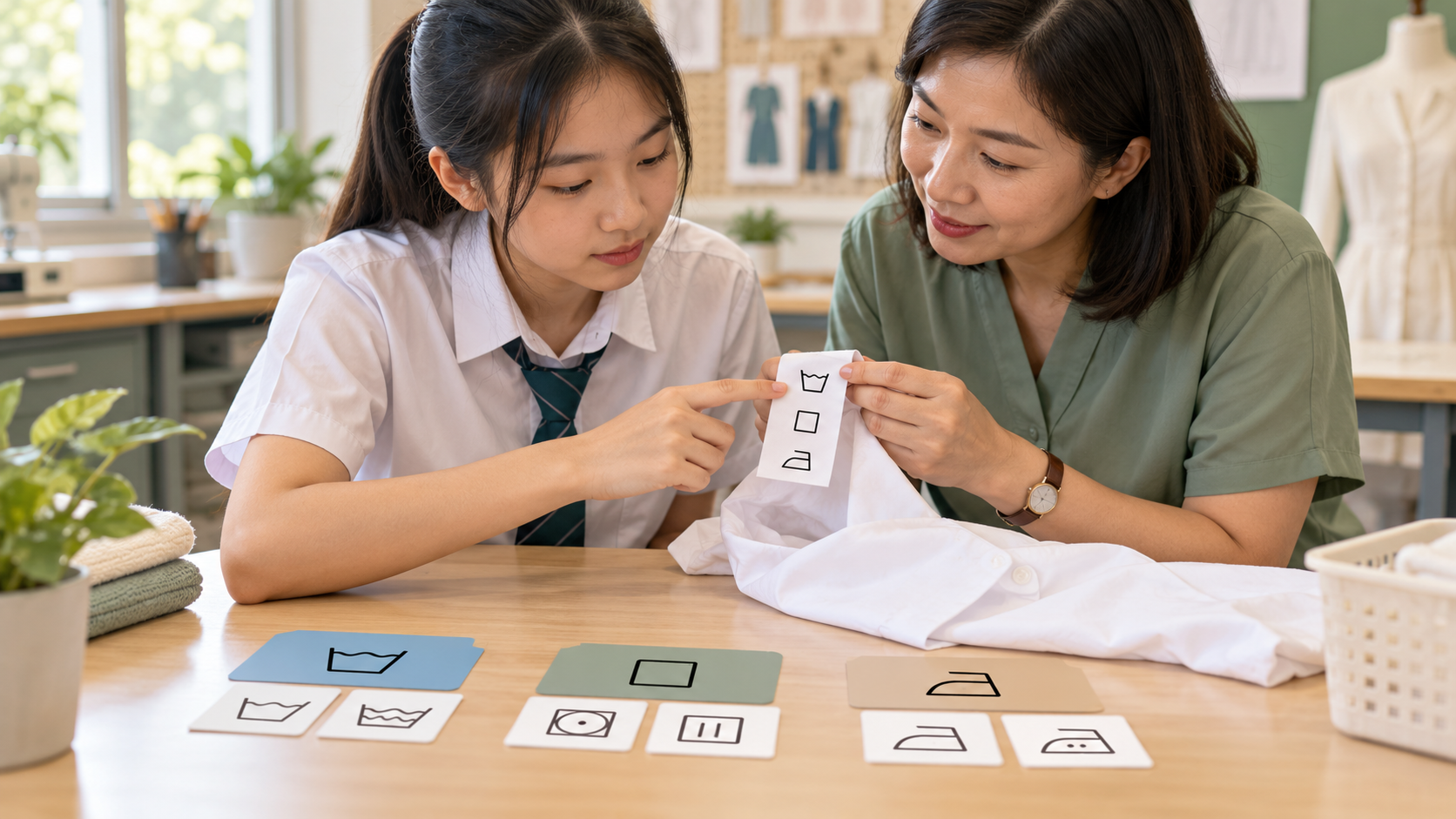 A student and teacher examine garment-care symbols on a shirt and sort washing, drying and ironing categories.