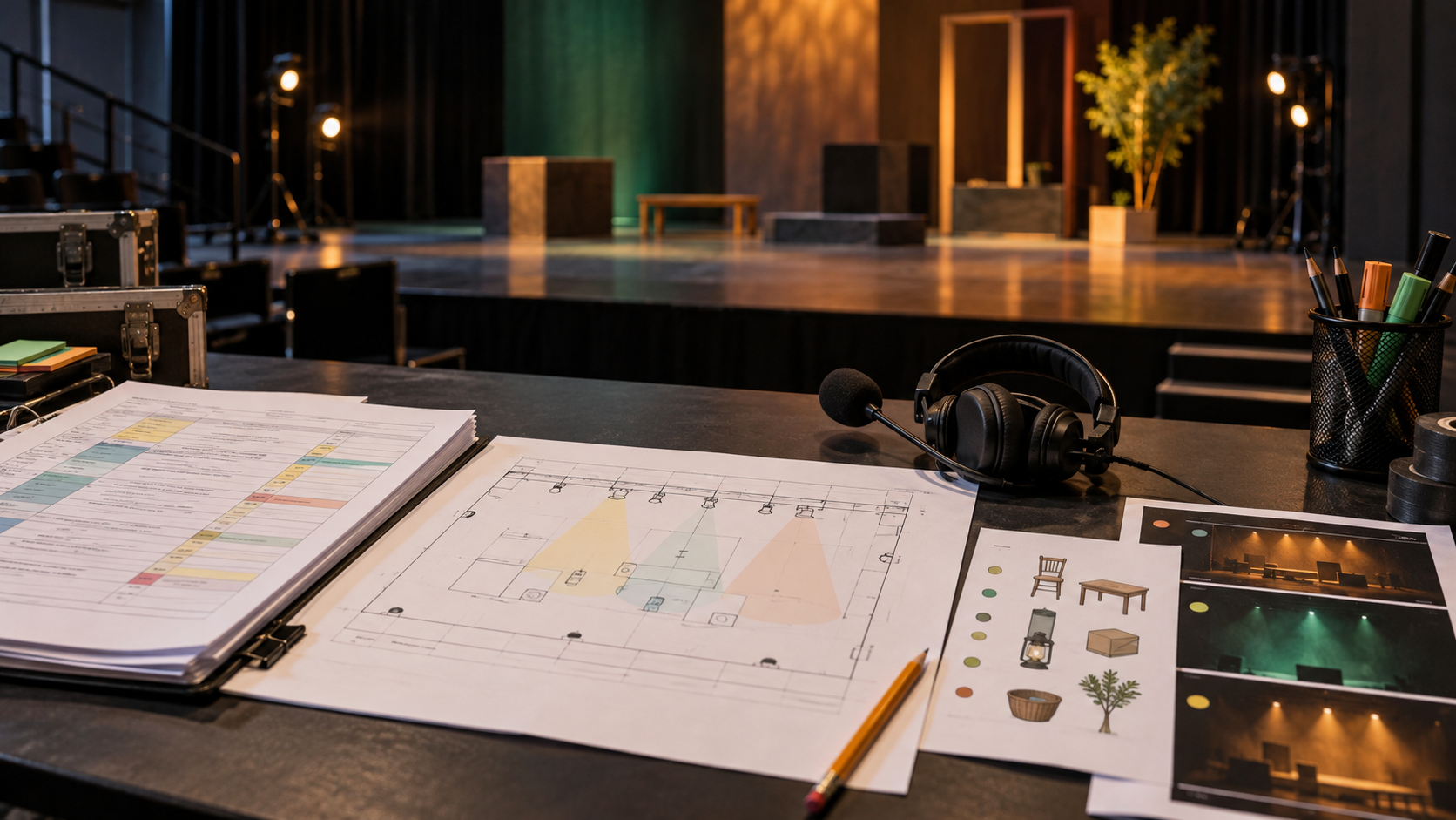 A theatre production desk with cue sheets, a stage plot, headset and an empty school stage in the background.