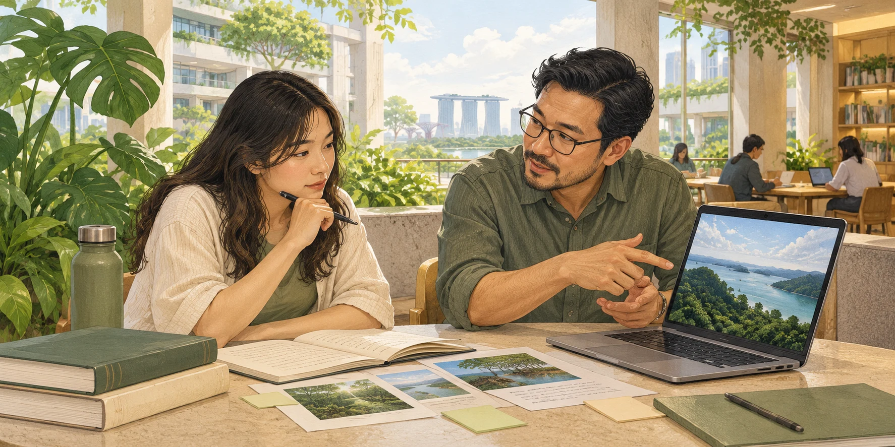 Illustration of a university student and mentor discussing notes and a landscape image while planning an inquiry.