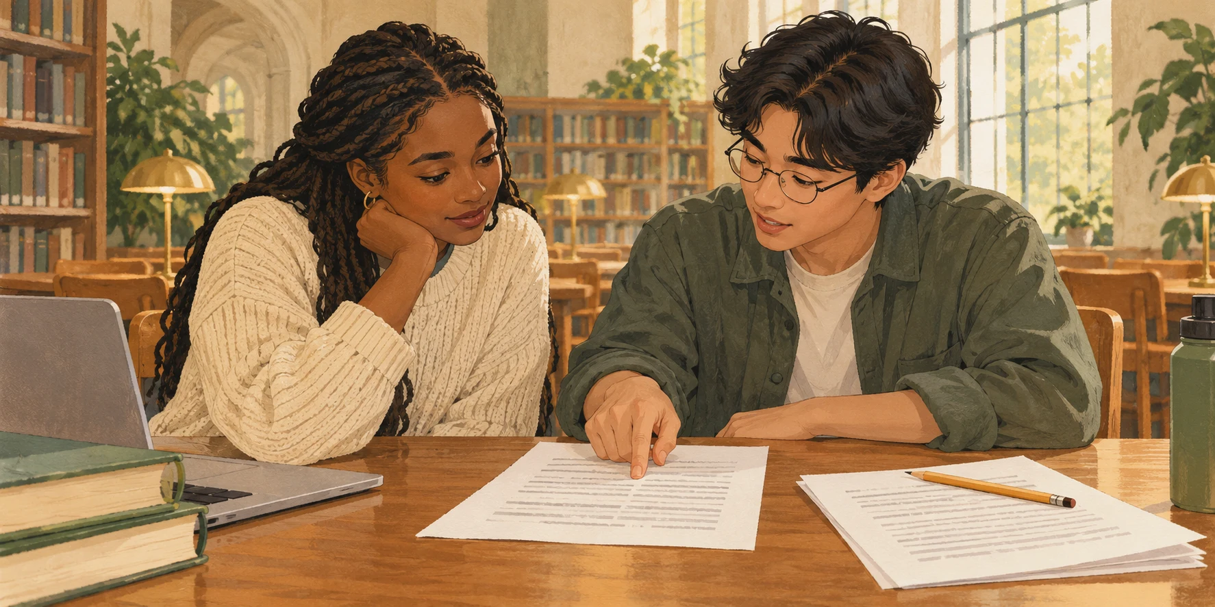 Illustration of two university students reviewing a printed draft together in a library.