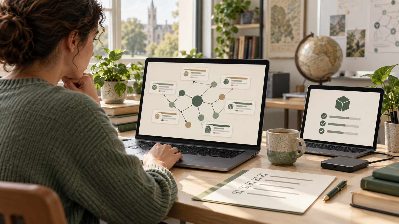 A researcher compares a software dependency graph on one laptop with a clean restoration checklist on a second device.