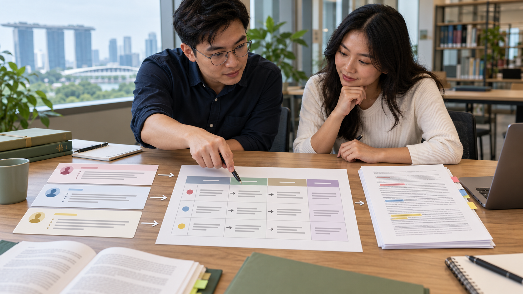 Two university researchers connect reviewer comments to decisions, manuscript changes and locations in a response matrix.
