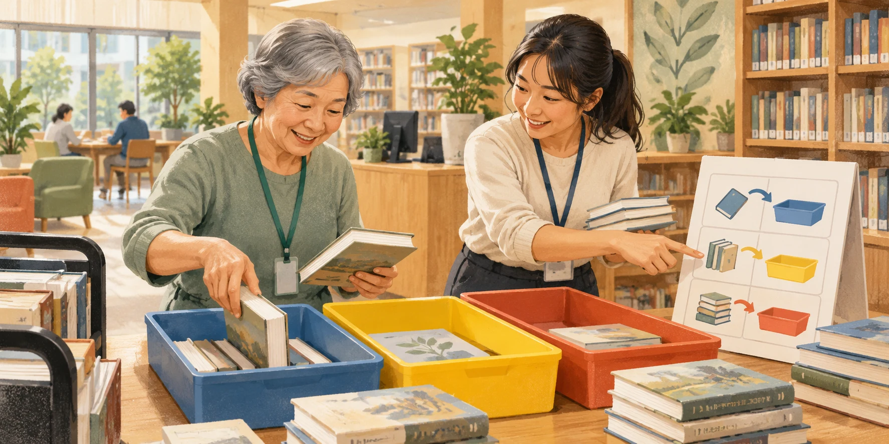 Illustration of an older volunteer and a coordinator practising book sorting with coloured trays.