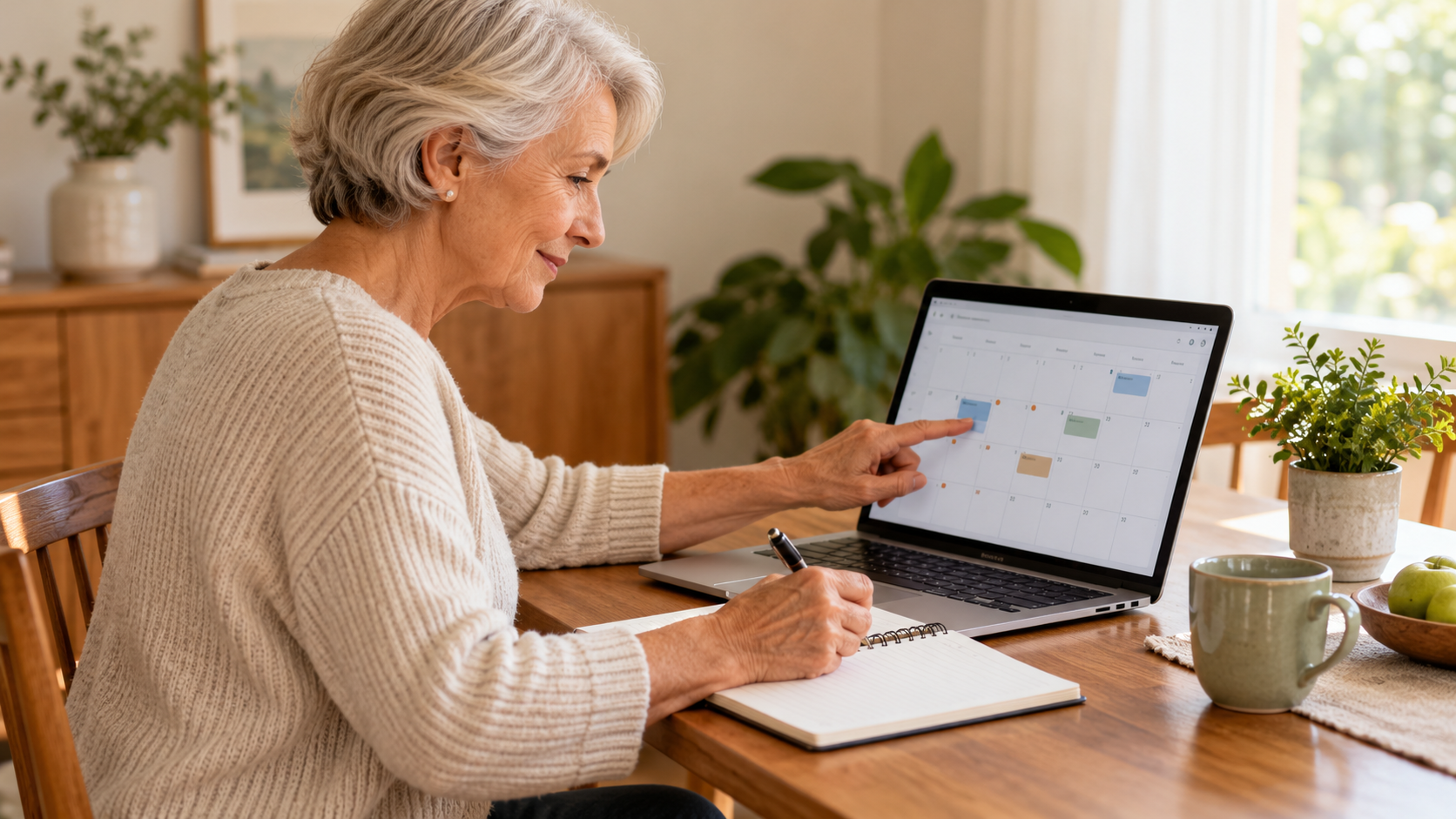Older adult practising a digital calendar skill on a laptop while recording a review in a notebook