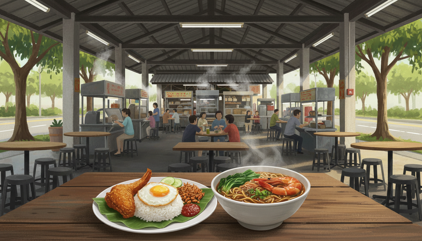 Original conceptual illustration of Adam Road Food Centre in Singapore with bowls of nasi lemak and prawn noodles, not an actual documentary photograph of the stalls.