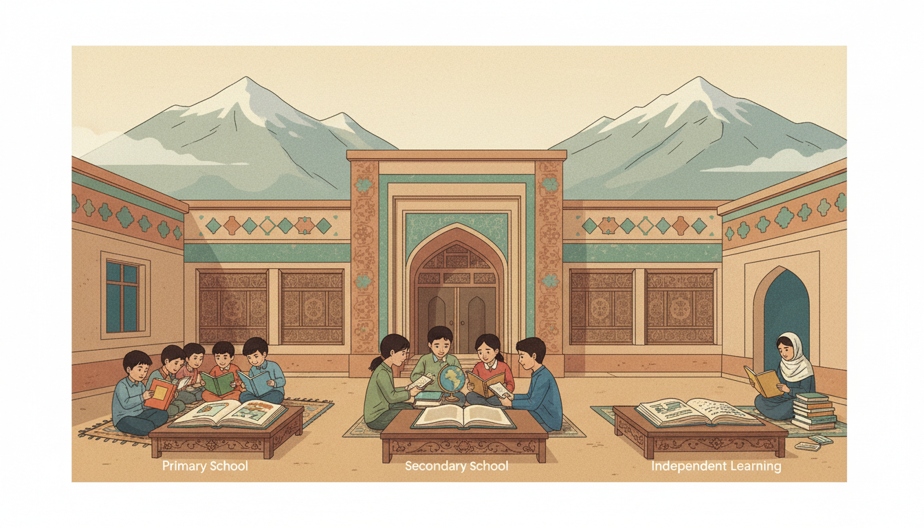 Original editorial illustration of books and school spaces against an Afghan mountain landscape, representing education pathways, not a photograph of a real school.