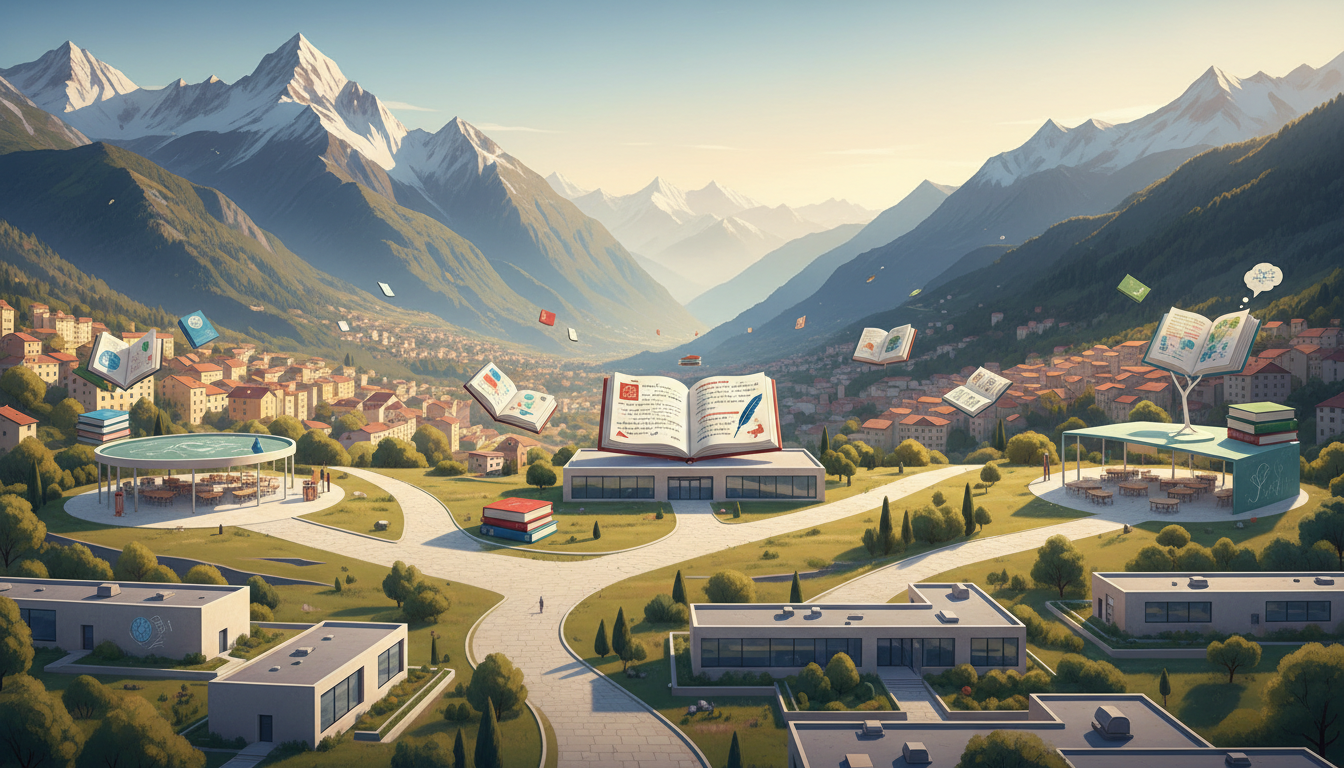 Original illustration of three learning pathways beside a Pyrenees school landscape, symbolising the Andorran, French and Spanish education systems.